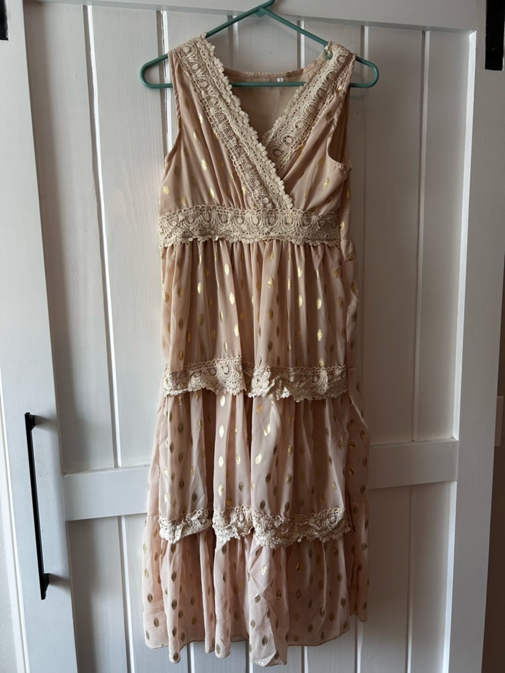 Beige Tiered Lace Maxi Dress with Gold Foil Dots